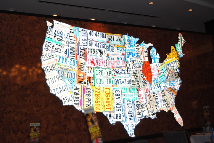 Some of the cruises on Royal Caribbean have DreamWorks characters. So we did a character breakfast one morning. This was on the wall in the dining room. Each state is made from license plates in that state. 